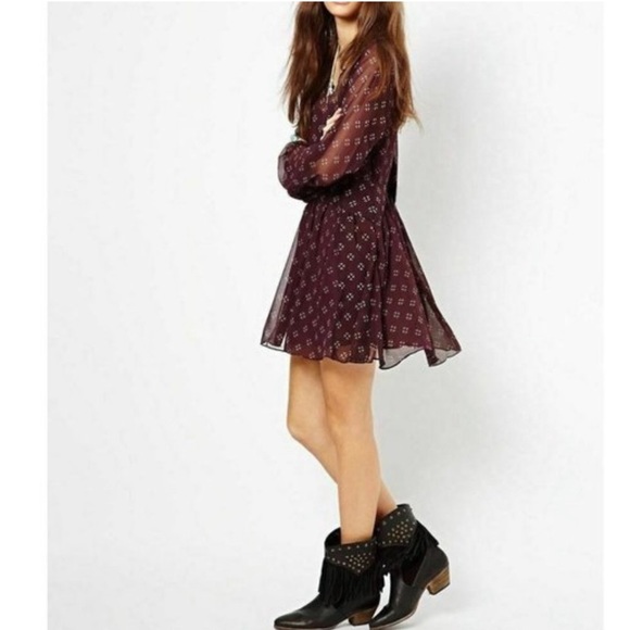 Free People Maroon Chiffon Long Sleeve Fit & Flare Dress size Medium - Picture 2 of 16